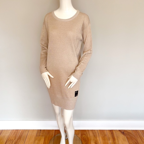 $140 AX Armani Exchange Gold Metallic Merino Blend Knit Mini Dress Long Sleeve M - Picture 7 of 15